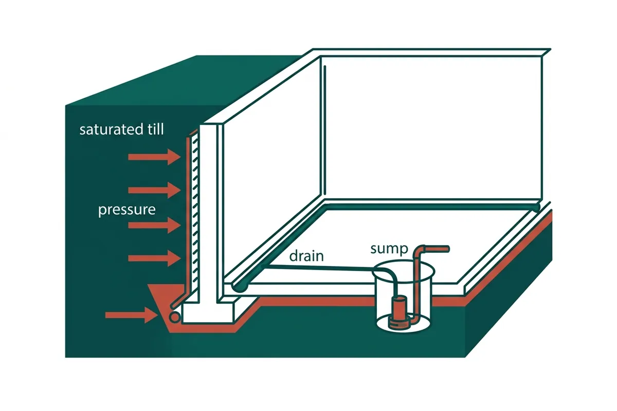 Diagram of saturated glacial till pressing on a basement wall with interior drainage and sump
