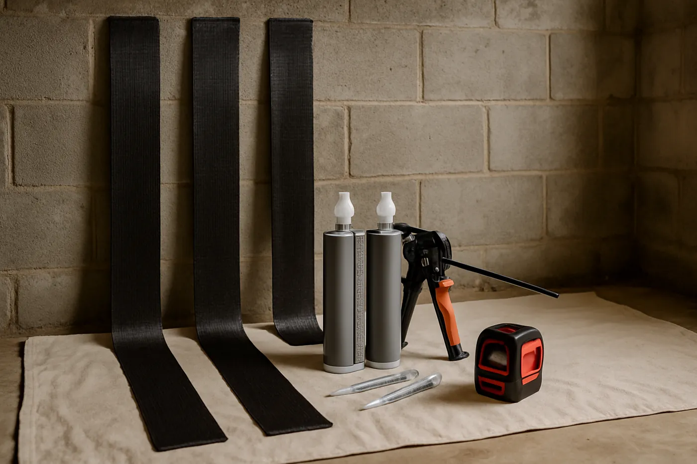 Carbon-fiber wall straps, epoxy cartridges, and laser level staged in an Indianapolis basement