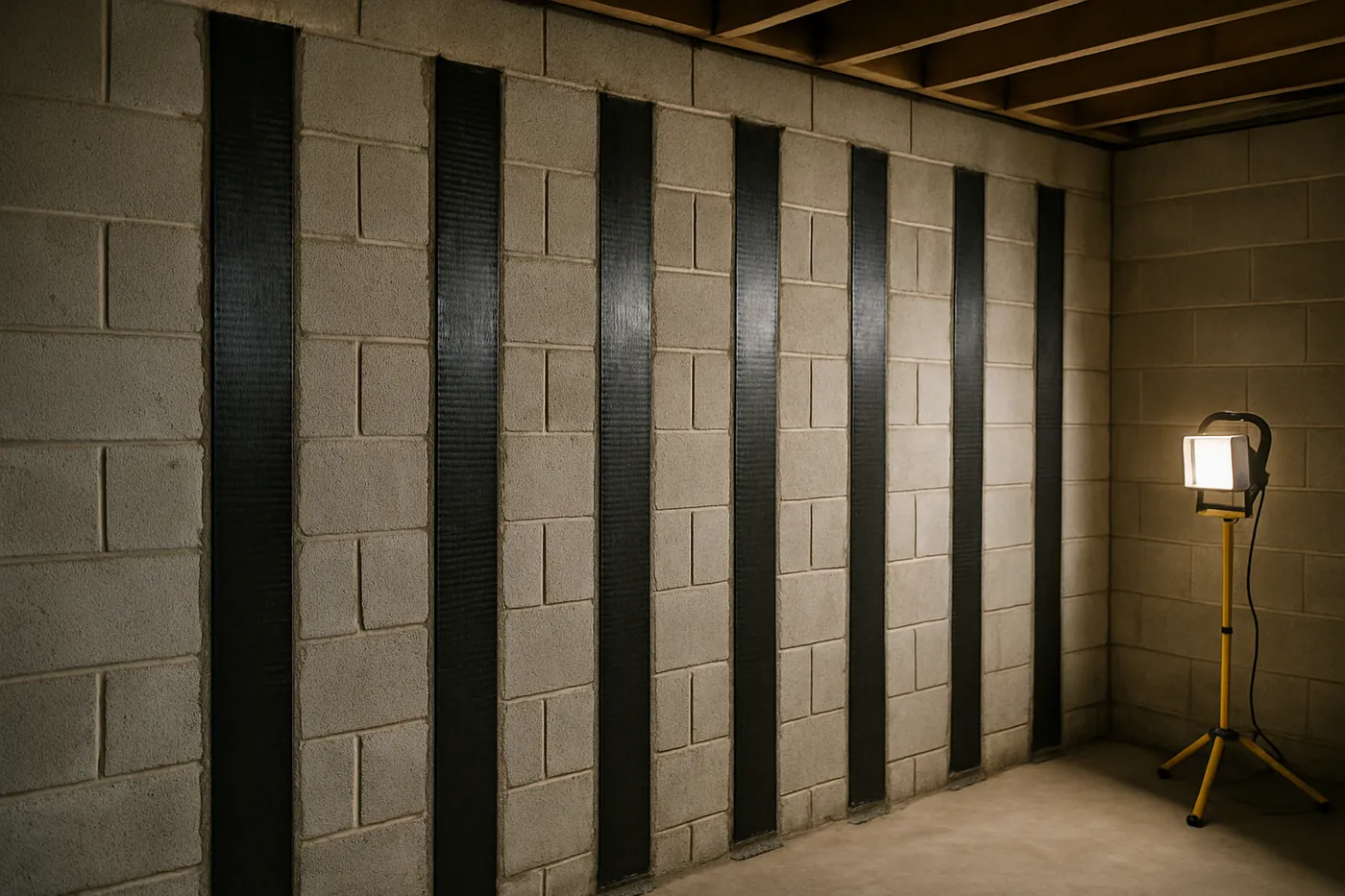 Carbon fiber straps epoxy-bonded to a block basement wall in an Indianapolis home